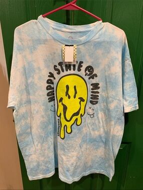 Tie-Dye Light Blue Short Sleeve Tee with Yellow Smiley Graphic